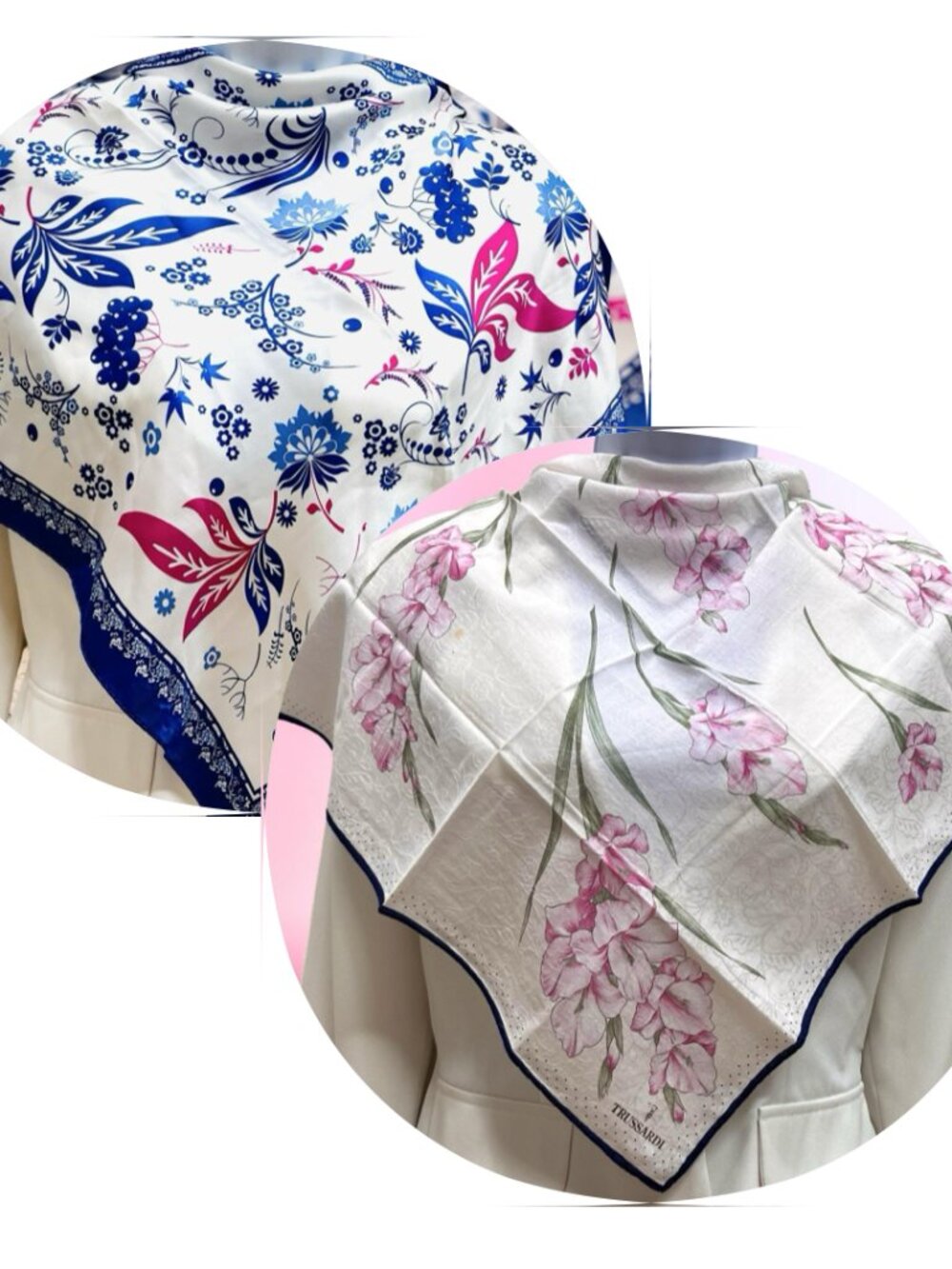 2 Neck-Kerchief Silk Trussardi &Wensli 19" - 20.5" White pink blue floral (30)